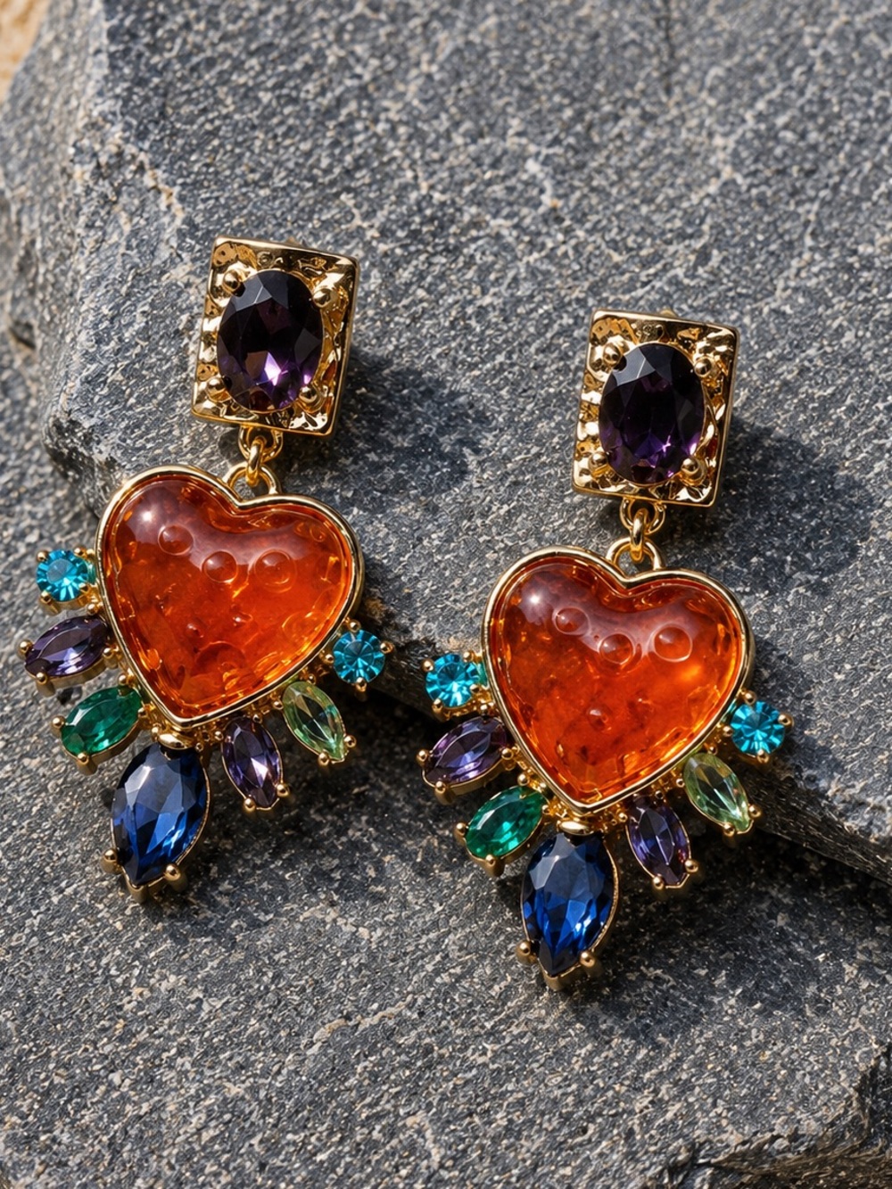 Vintage Orange Heart Multistone Drop Earrings